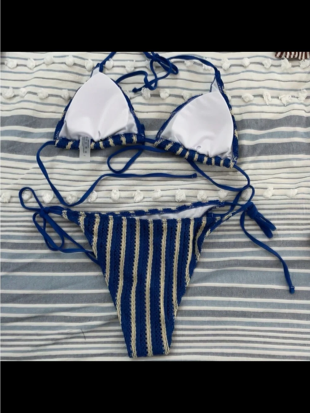 Striped Blue and Cream Crochet Bikini Set